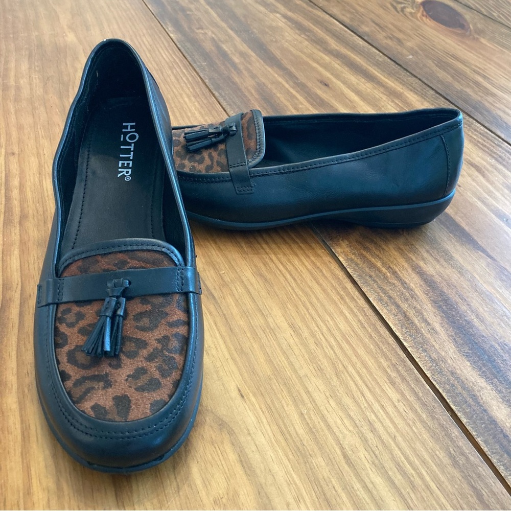 Hotter Alice Womens 9 EXF (Wide Fit) Leather Leopard Print Tasselled Loafers